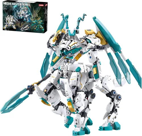 Vista 11 de CSNRHG Modelo de robot mecánico samurái de tigre blanco con doble hacha, bloques de construcción, juego de juguetes de cumpleaños mítico para niños