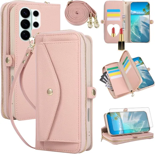 Vista 32 de Asuwish Funda de teléfono para Samsung Galaxy S23 5G con cremallera, funda para celular con protector de pantalla, correa para el hombro, espejo