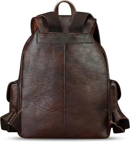 Vista 3 de IVTG Mochila de cuero genuino para hombres y mujeres, mochila vintage de cuero real, mochila de moda de alta capacidad (café)