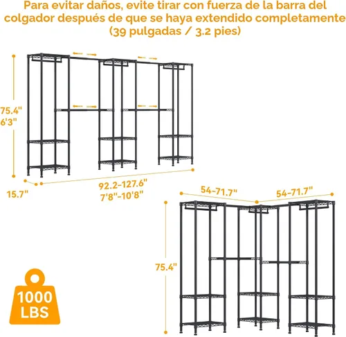 Vista 5 de Higeego H11 Perchero Grande para Colgar Ropa de Servicio Pesado, Organizador de Armario Ropero Independiente y Almacenamiento con Barras Colgantes