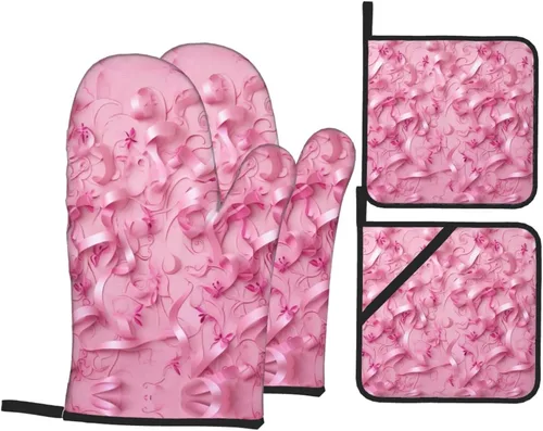 Vista 13 de Juego de guantes de horno y soportes para ollas con estampado floral de jardín, resistentes al calor, antideslizantes, guantes de cocina, 4