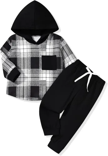 Vista 10 de Conjunto de ropa de niños pequeños con capucha y sudadera a cuadros de manga larga para otoño e invierno Esqueleto negro
