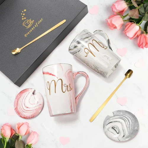 Vista 6 de Yesland Tazas de Café Mr and Mrs de 13.5 Oz, Regalos de Boda para Pareja/Novia y Novio, Tazas de Cerámica con Mármol para Despedida de Soltera