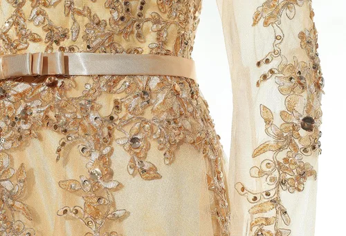 Vista 4 de Vestido formal de graduación bordado ilusión de manga larga para mujer