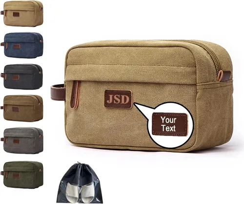 Vista 11 de Neceser personalizado para hombres, kit de aseo personalizado de lona para afeitar, bolsa de aseo grabada con láser, kit de lona de cuero