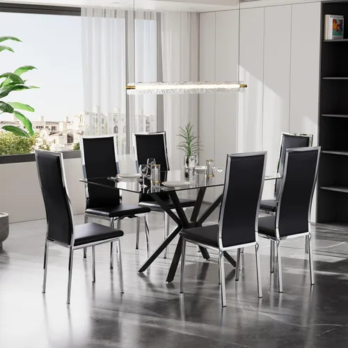 Vista 13 de Juego de 4 mesas de comedor de cristal negro, mesa de cocina minimalista moderna de 47 pulgadas con 4 sillas de comedor clásicas negras y plateadas
