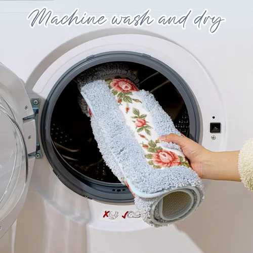 Vista 7 de Drydiet Juego de 3 alfombras de baño con rosas y flores coquetas, decoración floral para baño, dormitorio, sala de estar, tapete de baño floral Azul