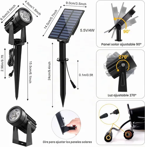 Vista 3 de Luces solares para exterior, focos de paisaje IP65 impermeables con cable de 3m, luces de pared para exterior con encendido y apagado automático
