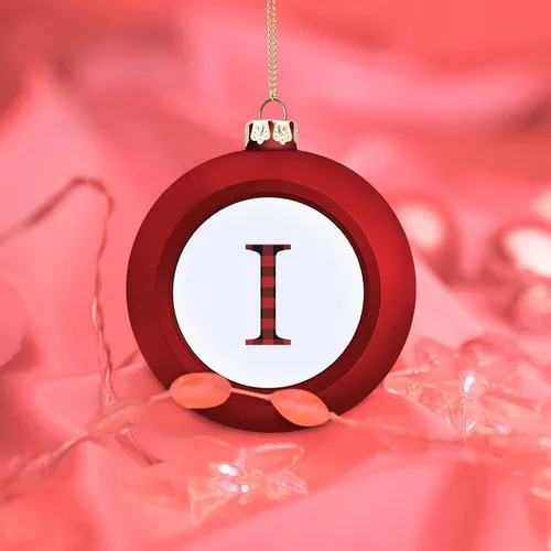Vista 7 de Adorno de bola de Navidad con letra del alfabeto inglés, búfalo negro, rojo, a cuadros, monograma, letra I Merry Christmas, adornos de recuerdo