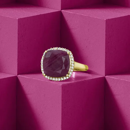 Vista 5 de Ross-Simons 6.30 Carat Ruby and .16 ct. t.w. Diamond Ring in 14kt Yellow Gold