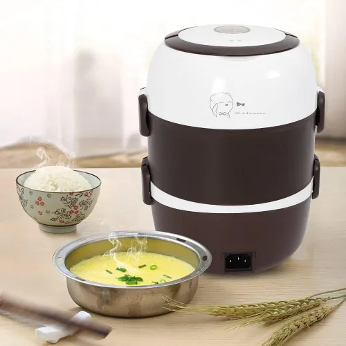 Vista 4 de Lonchera eléctrica, de acero inoxidable de 2 litros, calentador de alimentos con asa, calentador de alimentos portátil Bento para el trabajo