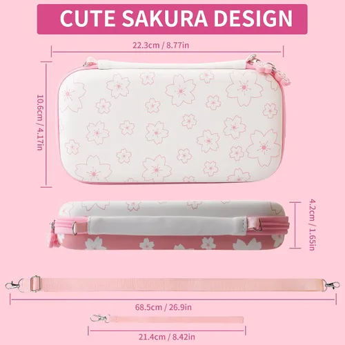 Vista 7 de FUNDIARY Funda de transporte Sakura rosa para Nintendo Switch Lite, lindo kit de accesorios de viaje para niña con bolsa de almacenamiento delgada