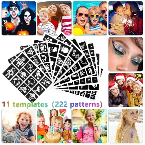 Vista 5 de Kit de tatuajes temporales con purpurina para niños, 36 colores de purpurina, 222 plantillas, 3 pegamento, 5 pinceles, kit de purpurina artística