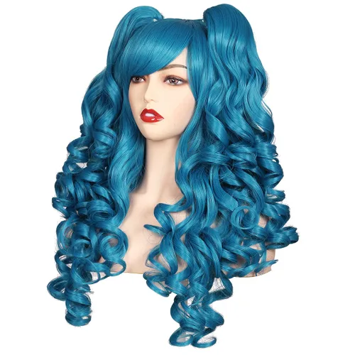Vista 2 de ColorGround Peluca larga y rizada para cosplay con 2 colas de caballo (azul celeste)