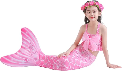 Vista 5 de Cola de sirena para niños, traje de baño para natación, novedad con lazo grande, sirenas, cosplay, traje de baño para niñas