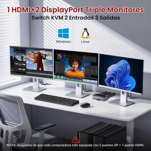 Vista 2 de UGREEN 8K@60Hz HDMI Displayport KVM Switch 3 monitores 2 ordenadores