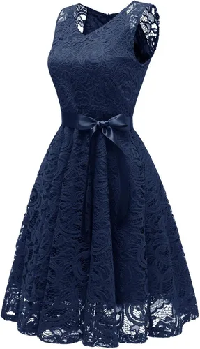 Vista 2 de Vestidos de novia para novia sin mangas vintage floral encaje cóctel cuello en V fiesta cóctel fiesta de cóctel Azul Marino M