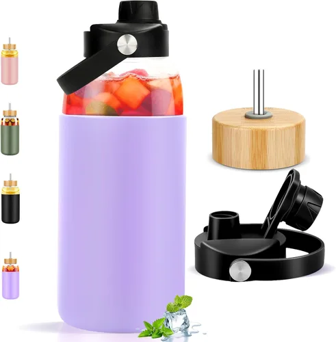 Vista 12 de PROBTTL Botellas de agua de vidrio de 32 onzas, vaso de vidrio de 1 litro, botella de agua de borosilicato con popote, funda de silicona, 2 tapas