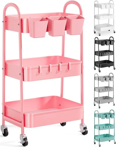Vista 19 de Carrito rodante de 3 niveles de metal gris, carrito de almacenamiento de malla con asa y ruedas con cerradura, carritos organizadores