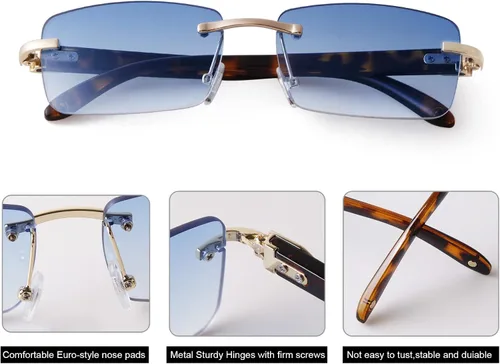 Vista 3 de Laurinny Lentes de sol rectangulares de metal dorado con lente tintada, patillas de madera de los años 90, gafas retro para mujeres y hombres