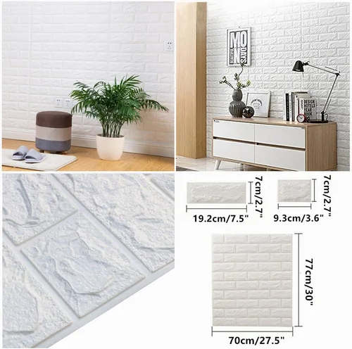 Vista 6 de MYOYAY - 10 paneles de pared 3D para despegar y pegar, 27.5 x 30.3 pulgadas (en suma, 57 pies cuadrados), papel tapiz de ladrillo blanco, paneles