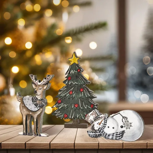 Vista 7 de Smile 3 Piezas Bloques de Madera Letreros de Navidad, Reno Árbol Muñeco de Nieve Decoraciones de Bandeja Escalonada, para Mesa y Estante del Hogar.