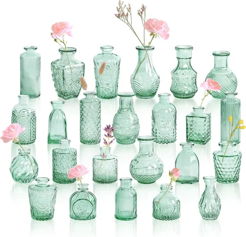 Vista 20 de Juego de 12 jarrones de vidrio ámbar, jarrones de capullo transparentes a granel, mini jarrones para flores, pequeños jarrones de flores