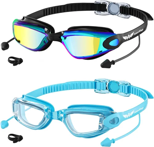 Vista 11 de Paquete de 2 gafas de natación sin fugas, antivaho y UV, gafas de natación para adultos, hombres y mujeres, lentes de policarbonato con espejo HD