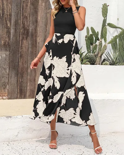 Vista 2 de BTFBM Vestidos casuales de verano sin mangas para mujer, para primavera, cuello redondo, retazos, bohemio, floral, con volantes, vestido midi