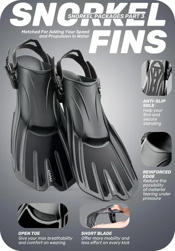Vista 5 de CAPAS Snorkel Mask Fins Set, Travel Size Snorkeling Gear for Adults with Adjustable Fins, Diving Mask and Dry Top Snorkel, Come with a Carrying Bag