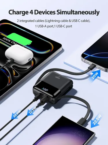 Vista 5 de Cargador portátil de 10000 mAh Banco de energía de carga rápida, paquete de batería USB C de 22.5W con cables incorporados, cargador portátil