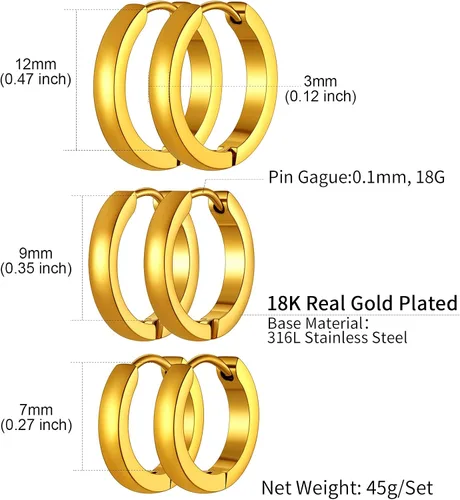 Vista 6 de ChainsHouse Juego de aretes de aro de acero inoxidable quirúrgico hipoalergénico, chapado en oro de 18 quilates, 0.276in, 0.315in, 0.354in, 0.472in