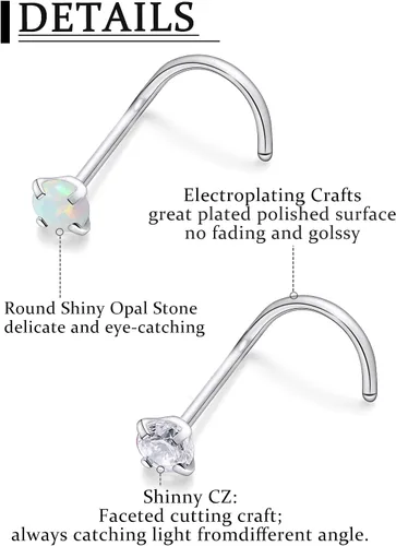 Vista 6 de Piercing para la nariz de 20/0.63 oz, rectos, L/sacacorchos, para la nariz, joyería para mujer, acero inoxidable quirúrgico hipoalergénico
