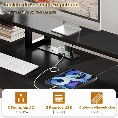 Vista 5 de Aheaplus Escritorio para computadora con 3 cajones, escritorio de oficina en casa con cajón de archivos y toma de corriente, escritorio gaming