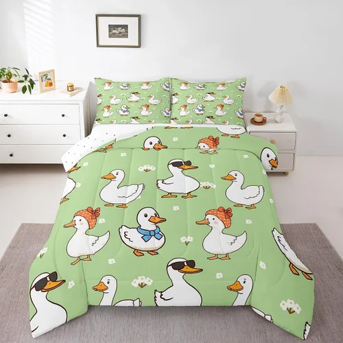 Vista 27 de Erosebridal Juego de ropa de cama a cuadros azul para niños, juego de cama individual con diseño de patos amarillos de dibujos animados, juego