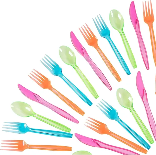 Vista 10 de Juvale Juego de cubiertos de plástico arcoíris – Utensilios desechables de neón para fiestas – Cubiertos desechables para limpieza – Vajilla