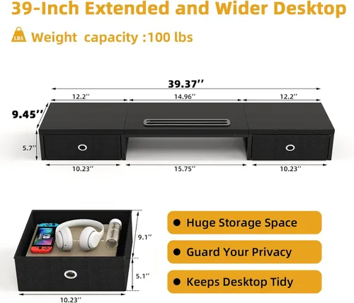 Vista 6 de Soporte elevador para monitor doble de 39 pulgadas con 2 cajones, soporte grande de madera negra para 2 monitores, organizador de escritorio