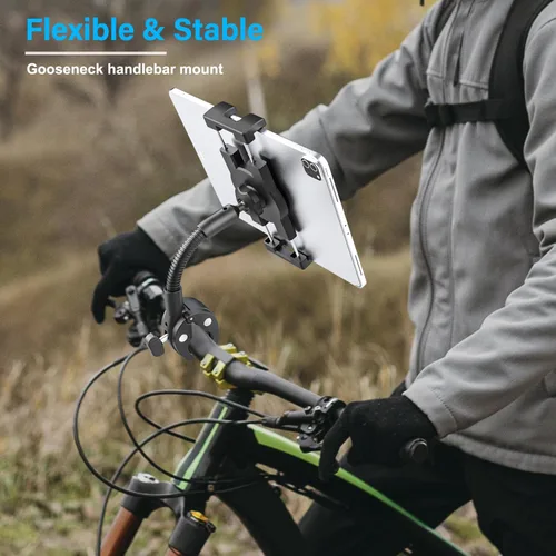 Vista 2 de Soporte para tableta para manillar para silla de ruedas de motocicleta, brazo de cuello de cisne de metal, abrazadera de montaje de bicicleta