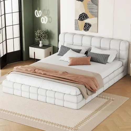 Vista 12 de KLMM Unique King Size Upholstered Platform Bed with Thick Fabric, Grounded Bed with Solid Frame,for Kids Teens Adults Bedroom Use (Black-TF, King)