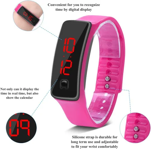 Vista 7 de Reloj de pulsera LED, correa de silicona deportiva Digitaces de 12 horas Dial Relojes de pantalla electrónica, Rosado, Moderno