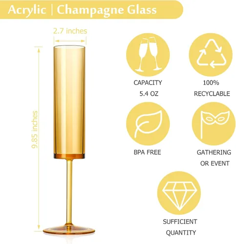 Vista 2 de 12 Piezas de Copas de Champán de Vidrio Ámbar de 5.4 Oz con Tallo Largo, Copas de Champán de Plástico Acrílico, Copas de Vino Espumoso