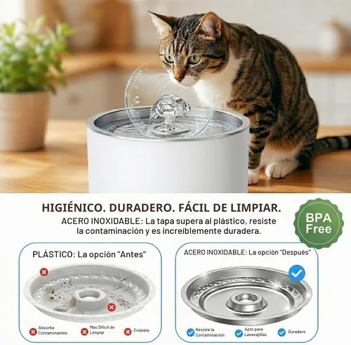 Vista 4 de Wonder Creature Fuente de agua para gatos, tapa de acero inoxidable, 81 oz