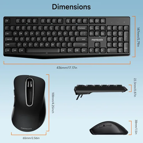 Vista 6 de memzuoix Combo de teclado y mouse inalámbricos, juego ergonómico de tamaño completo de 2.4 G con mouse de 1400 DPI, receptor USB sin retrasos