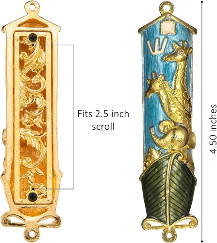 Vista 3 de Matashi Mezuzah para puerta con pergamino, pintado a mano esmalte azul Arca de Noé Mezuzah caso con jirafas, elefante y espinilla hebrea, decoración