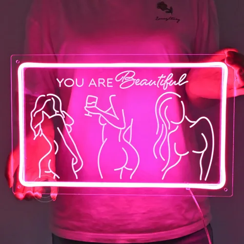 Vista 2 de Britrio Señal de neón con texto en inglés "Lady Back", decoración artística de pared de neón rosa con texto en inglés «You Are Beautiful», luz