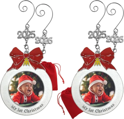 Vista 8 de Adorno fotográfico de la primera Navidad del bebé con un dije de 2025 - Con forma de bombilla con purpurina blanca y lazo rojo - Bolsa incluida