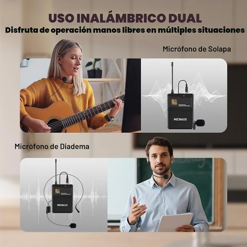 Vista 5 de Sistema de micrófono inalámbrico de solapa con auriculares y micrófonos Lavalier, juego de micrófonos UHF Pro de 4 canales con transmisor de paquete