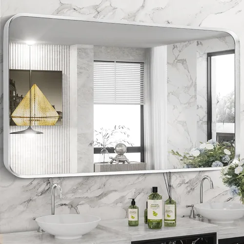 Vista 38 de Espejo arqueado negro de 16" x 20", espejo de pared para baño con arco, espejo de tocador de baño con marco de metal y parte superior arqueada