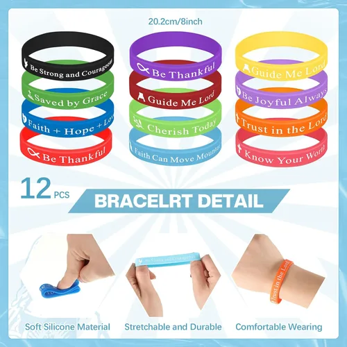 Vista 4 de Glenmal Juego de 24 pulseras de bolígrafos cristianos, regalos cristianos, bolígrafos de tinta negra, pulseras de goma de colores para niños