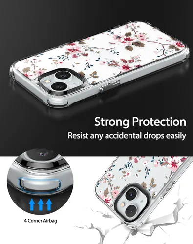 Vista 7 de Feitenn Funda para iPhone 15, policarbonato transparente + TPU suave a prueba de golpes, diseño de flores Beatuy con protector de pantalla de vidrio